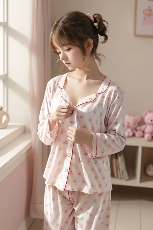 Cute ****s Small, throw, Looking at the camera, short hair,Pigtails hairstyle, Colored Hair, Pale pinkish white skin, Fly away, Captivating look, Sensual, Small and cute, shy, High resolution, 4K, Showing her little pussy、(( Wearing pajamas)), stuffed toy, 、,