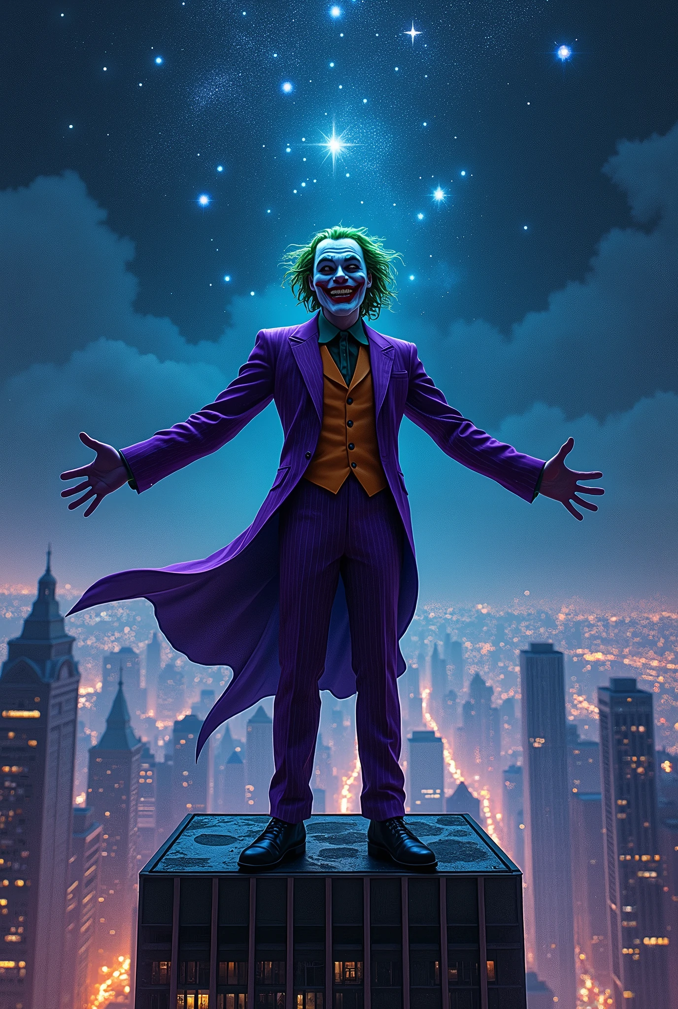 DC comics, The joker (insane smile, big stary eyes, trademark purple outfit, arms out) standing on the roof of a skyscraper, viewed from a low angle behind shoulder, insane starry night with evil stars. DC comics, "Ph'nglui mglw'nafh Cthulhu R'lyeh wgah'nagl fhtagn" written clearly across the bottom of the screen