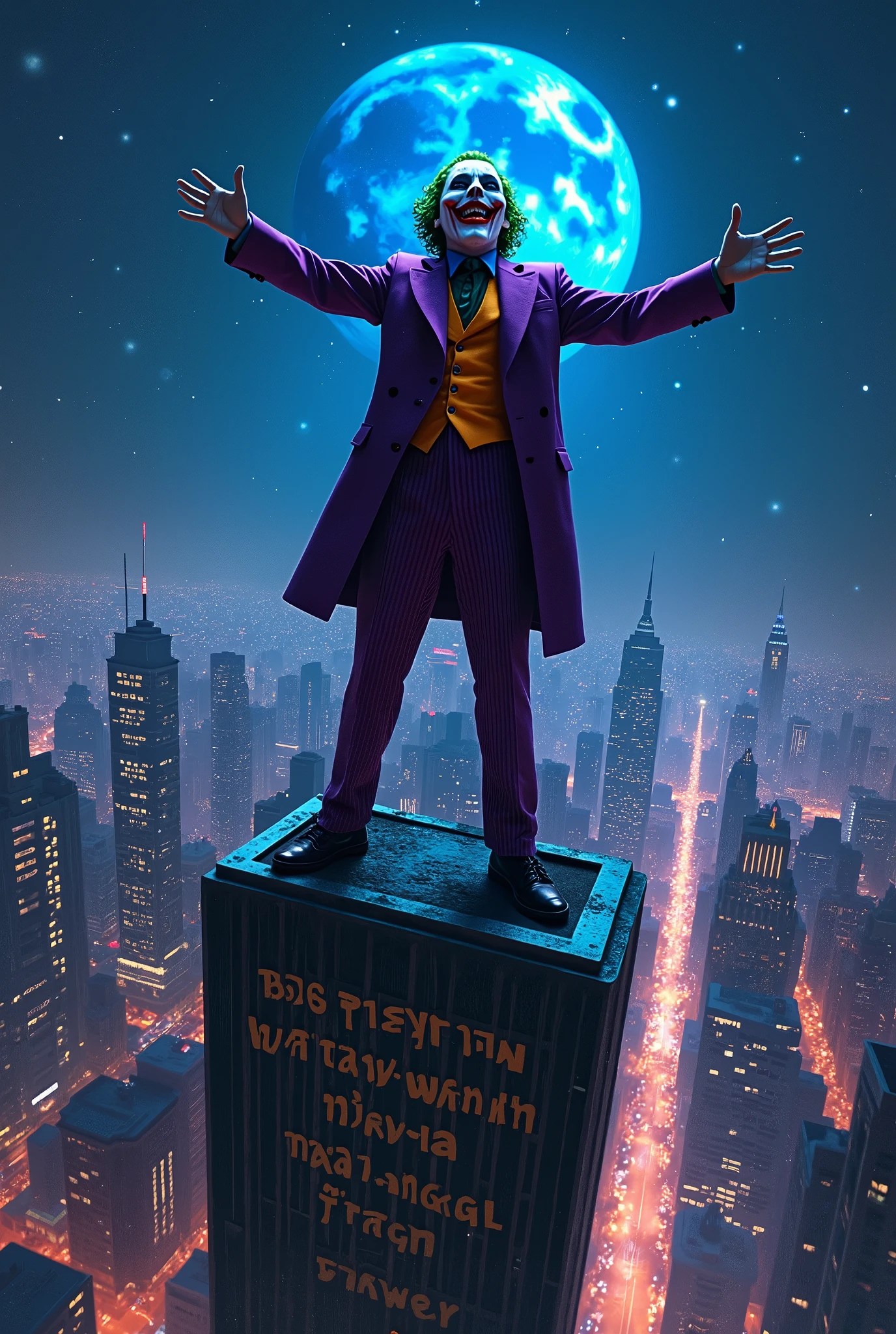 DC comics, The joker (insane smile, big stary eyes, trademark purple outfit, arms out) standing on the roof of a skyscraper, viewed from a low angle behind shoulder, insane starry night with evil stars. DC comics, "Ph'nglui mglw'nafh Cthulhu R'lyeh wgah'nagl fhtagn" written clearly across the bottom of the screen