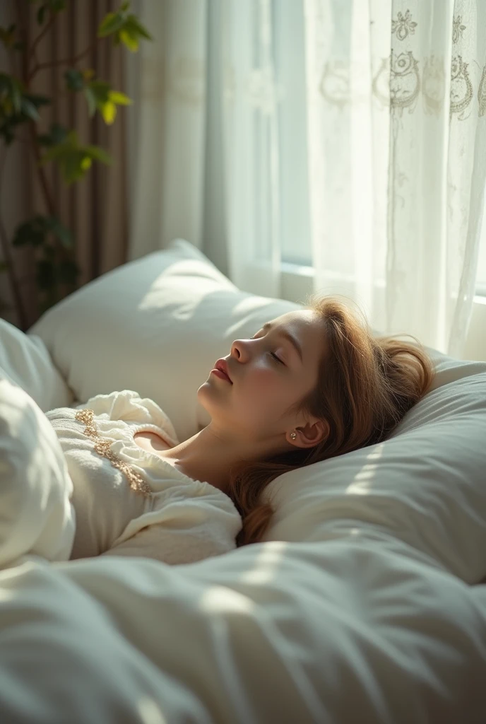 The Daughter’s Peaceful, Lifeless Body**: The daughter lies motionless on the bed, her eyes closed, her face calm and serene. The soft light around her enhances the sense of peace and finality.