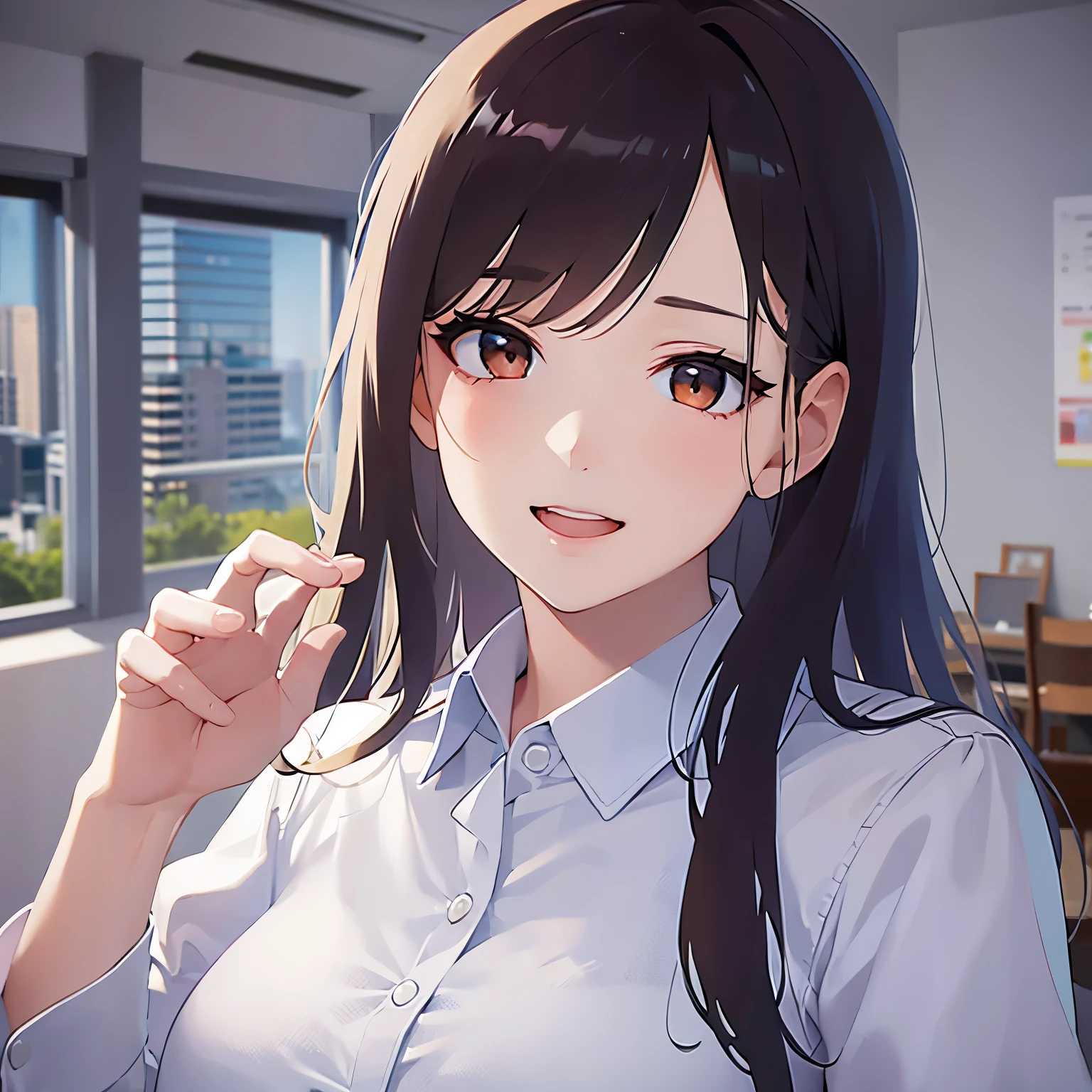 (looking at viewer:1.5)Upper Body, head tilt,waving hand,
Realistic, real person, (pale skin: 1.2), RAW photo, photorealistic, shiny skin, shiny hair、(A 25-year-old woman with medium-length hair and bangs) and (wavy hair) and (brown hair) and (orange eyes) ,
(Wearing a business suit:1.5) and (Wearing a white collared shirt)、
smile,open mouth,The background is the conference room、(alone:1.5)