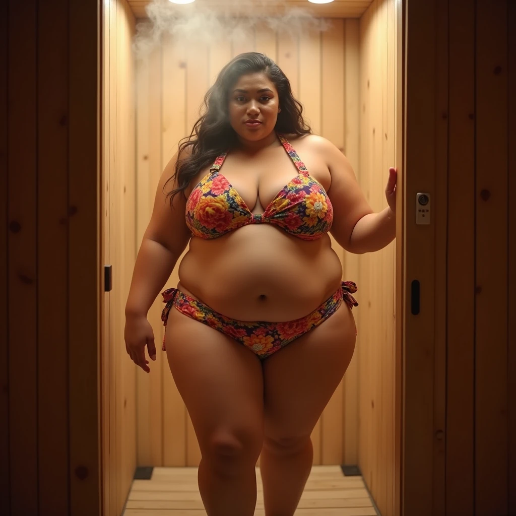 Plus size model 150kg woman is obese and fat with a lot of fat on her belly and buttocks, she has gained weight by eating too much, she is obese with a very large belly, her belly and buttocks are bulging and covered with a lot of fat and she is sweating a lot, she is a sumo wrestler wearing a colorful bikini swimsuit and going into a sauna and sweating a lot, 4K quality