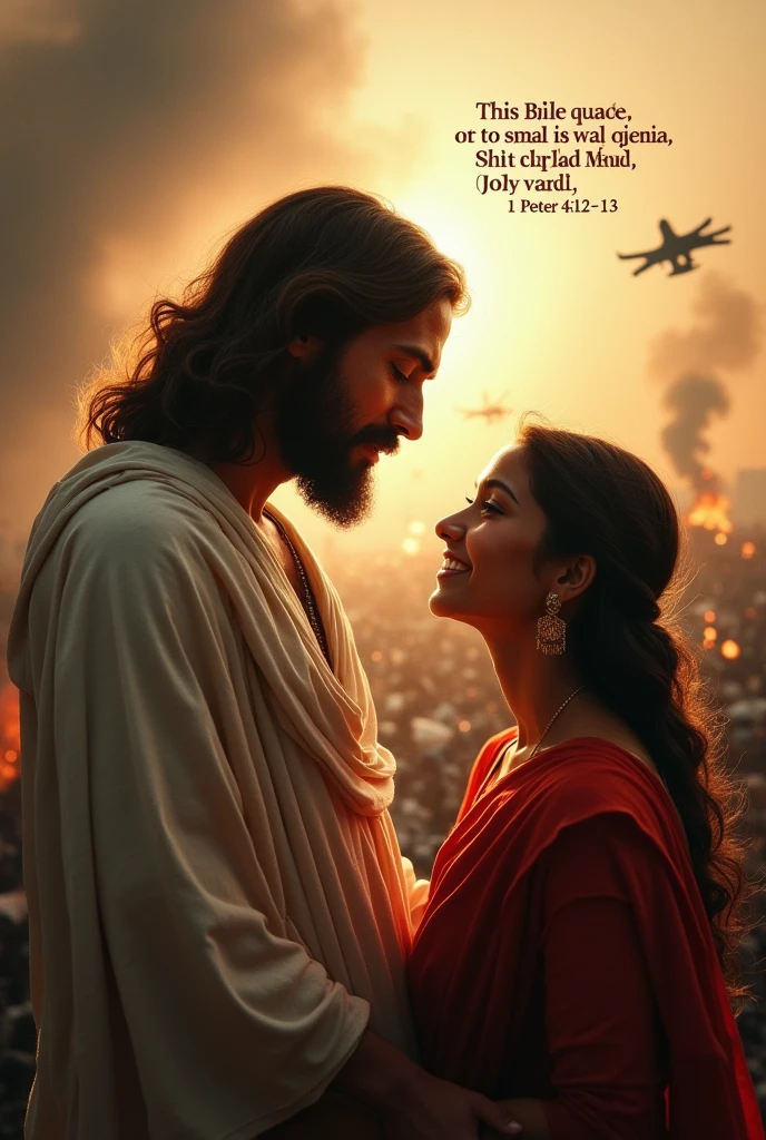 In a war place jesus is protecting one women with dimples in the background the foreground of the image in the middle keep the bible verse 1Peter4: 12-13 in Telugu language 