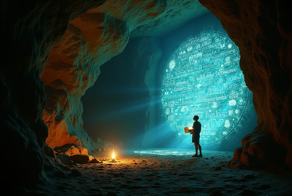"Illustrate the cave walls being covered with glowing, ancient script or illustrations as the device reveals the hidden knowledge. The scene should reflect awe and wonder."