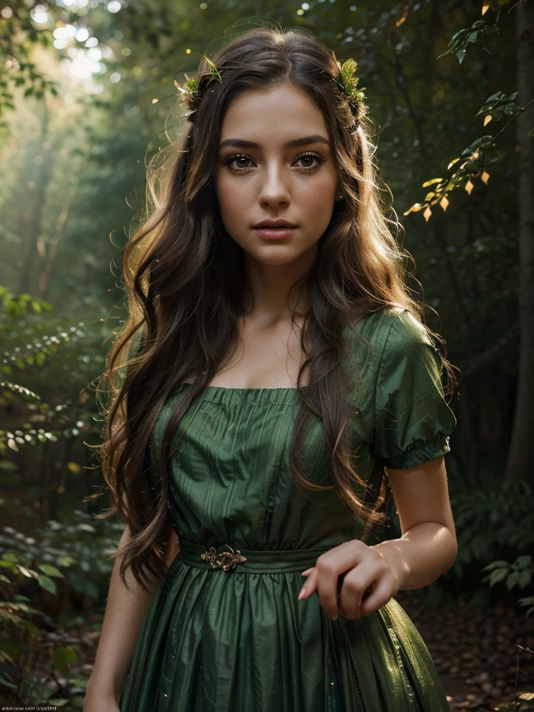 A beautiful girl in a fantasy forest, detailed eyes, long eyelashes, detailed lips, extremely detailed face, longhair, elegant dress, magical forest, glowing fireflies, sunlight through trees, vibrant colors, warm lighting, cinematic, photorealistic, 8k, high quality, concept art