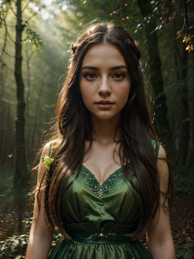 A beautiful girl in a fantasy forest, detailed eyes, long eyelashes, detailed lips, extremely detailed face, longhair, elegant dress, magical forest, glowing fireflies, sunlight through trees, vibrant colors, warm lighting, cinematic, photorealistic, 8k, high quality, concept art