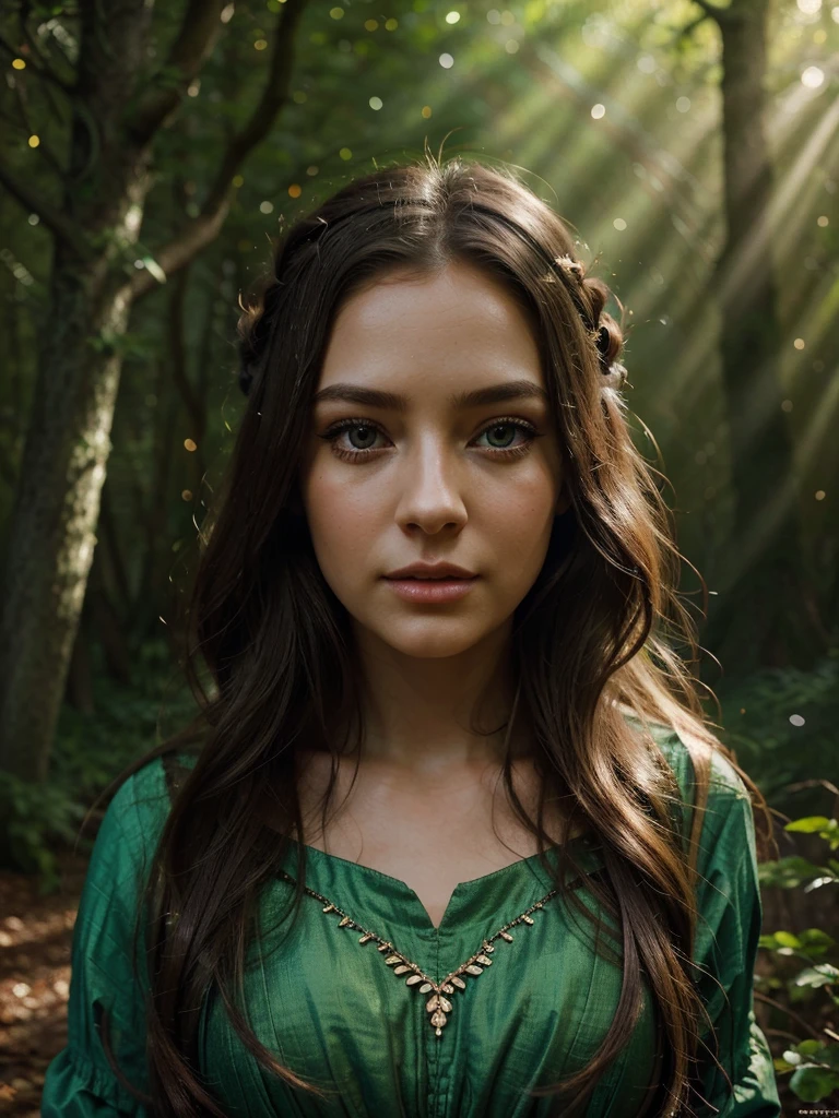 A beautiful girl in a fantasy forest, detailed eyes, long eyelashes, detailed lips, extremely detailed face, longhair, elegant dress, magical forest, glowing fireflies, sunlight through trees, vibrant colors, warm lighting, cinematic, photorealistic, 8k, high quality, concept art