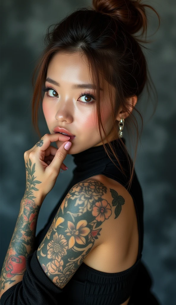 cute tanned japanese woman, amorous and lewd face, bun brown hair, forehead, make-up, grey eyes, superlative body proportion, covered in tattoos, wearing hip hop costumes like k-pop star, she looked flirtatiously at the camera and biting her lips, void black and smoke background, artistic photography, hyper realistic, graphic CG digital art, k-pop ((rapping pose)), energic, hip hop, rap, first person view