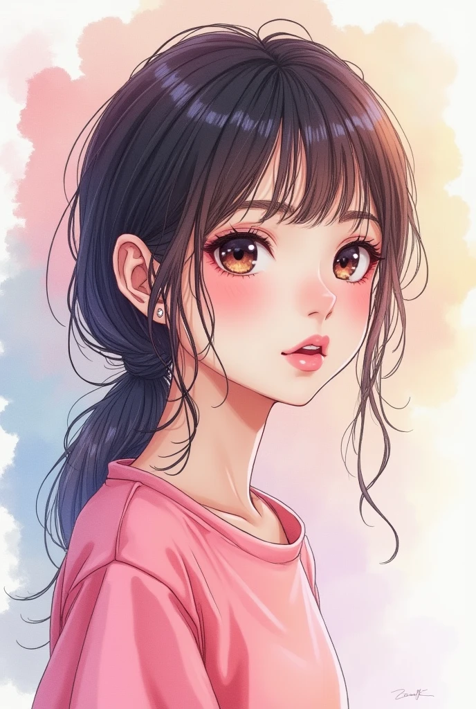 (masterpiece),(best quality:1.1),(Extremely detailed),Best Illustration,Fine details,(portrait:1.1),(Strong close-up),Watercolor)floating,1 Girl,Solitary,13 years old,Slim,(Extremely exquisite and beautiful face),(Detailed beautiful eyes),Thick pink lips,(Messy hair),(Wearing a pink loose T-shirt),weak,(Simple background:1.2)The whole colorful background,Clear,4K