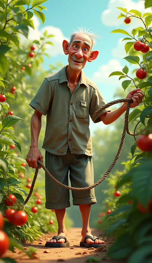 Mr. Tu is a 60 year old man., height 70m .skinny with gray hair, usually wears old gray shirt and flip flops. 
Mr. Tu tried to untie the rope.: Mr. Tu began to try to remove the tomato vine from the other plants., But the more you untangle it, the tighter and more tangled the coffee string becomes., confuse him. 3d animation 