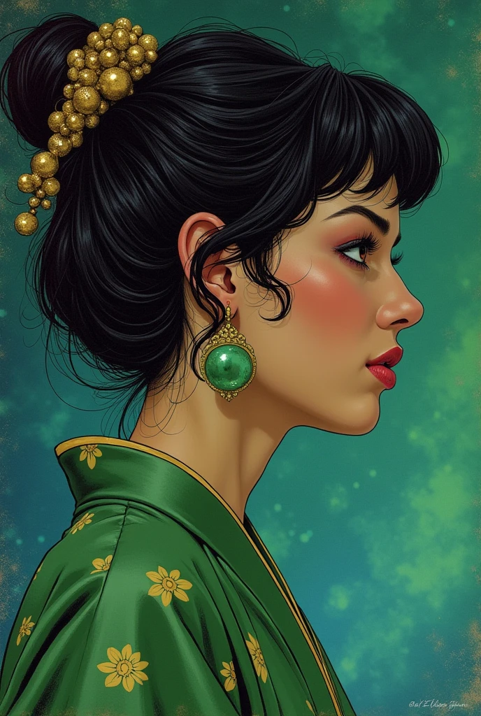 Close-up of woman wearing green kimono, Heavy metal manga cover art, Barbarela, ashthorpe, Official Art, panoramic widescreen view, Mecca Days, Matte tinting, 1970s, syndicate(2012), psychic, nebula, Juan Jimenez, 1 9 7 0 seconds
