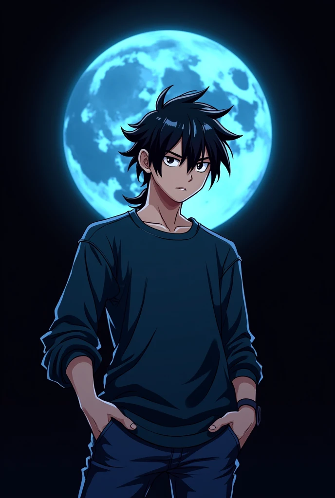 A logo for "z9oxide" , White stylised font , black background , Blue moon , Anime boy , gamer , mullet hair , black hair , black eyes , narrowed eye , dark blue long sleeves t-shirt