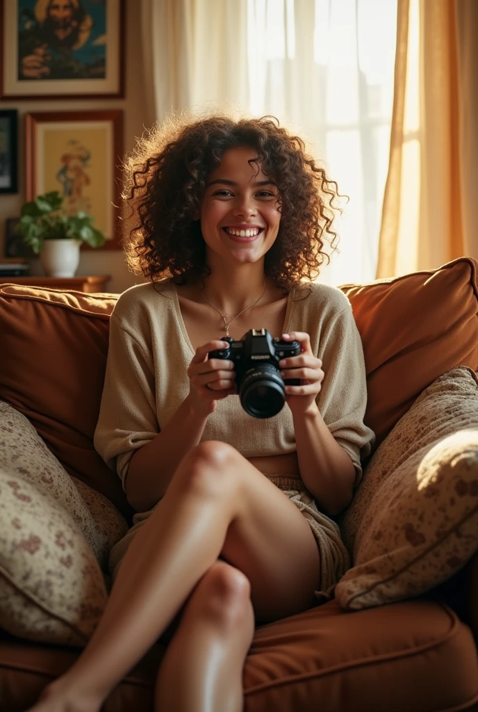 A brunette girl with curly hair and big breasts sits with her legs stretched out, taking a realistic photo