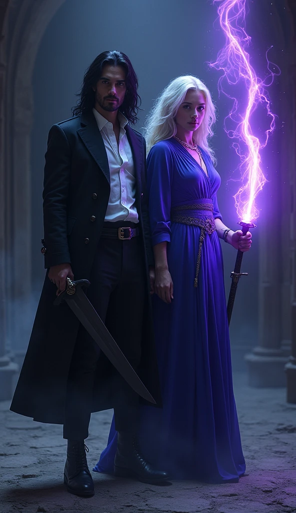 Vortex stands in a dark room wearing a black coat and a white shirt. His long black hair frames his face, giving him a determined look. In his hand he holds a dark sword with its blade pointing upwards, its blade reflecting a faint light.

Mirage stands next to him, his platinum blonde hair shining in his flowing blue robes. Mirage holds an ancient staff, from which a blue aura emanates. The room is dark, giving it a nighttime atmosphere.

Mirage emits purple magical energy from his staff, which reflects the surrounding light and is absorbed into the blade of Vortex's sword, as if it is residing in the sword. This mysterious sight makes the importance of their upcoming mission even more apparent.