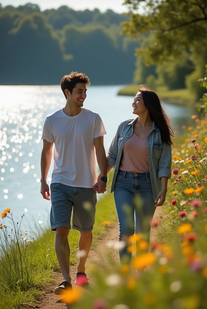Fotografhy A beautiful, slightly fat Asian girl wearing casual clothes is walking hand in hand with a handsome Asian man on the edge of a beautiful lake. A straight forward view