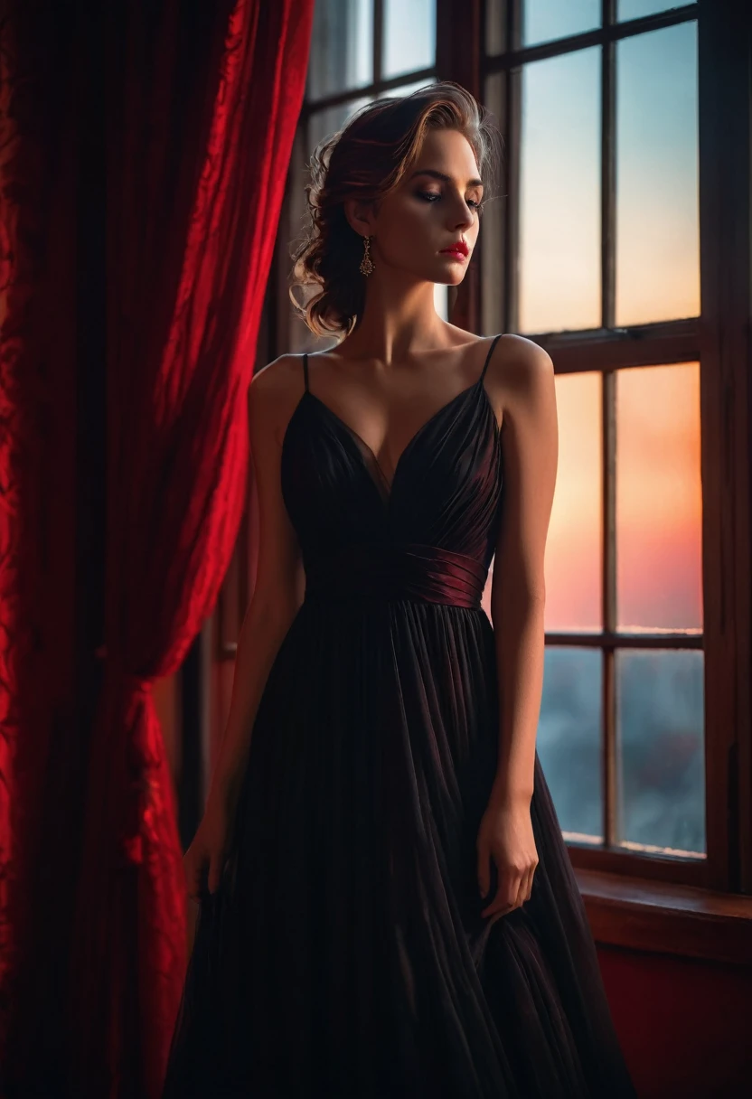 closeup shot, woman in a dress standing in front of a window, romanticism, in evening gown, flowing gown, wearing a flowing dress, mysterious woman, haunting beautiful young woman, wearing a black flowing dress, flowing dress, woman in dress, extremely moody red lighting,