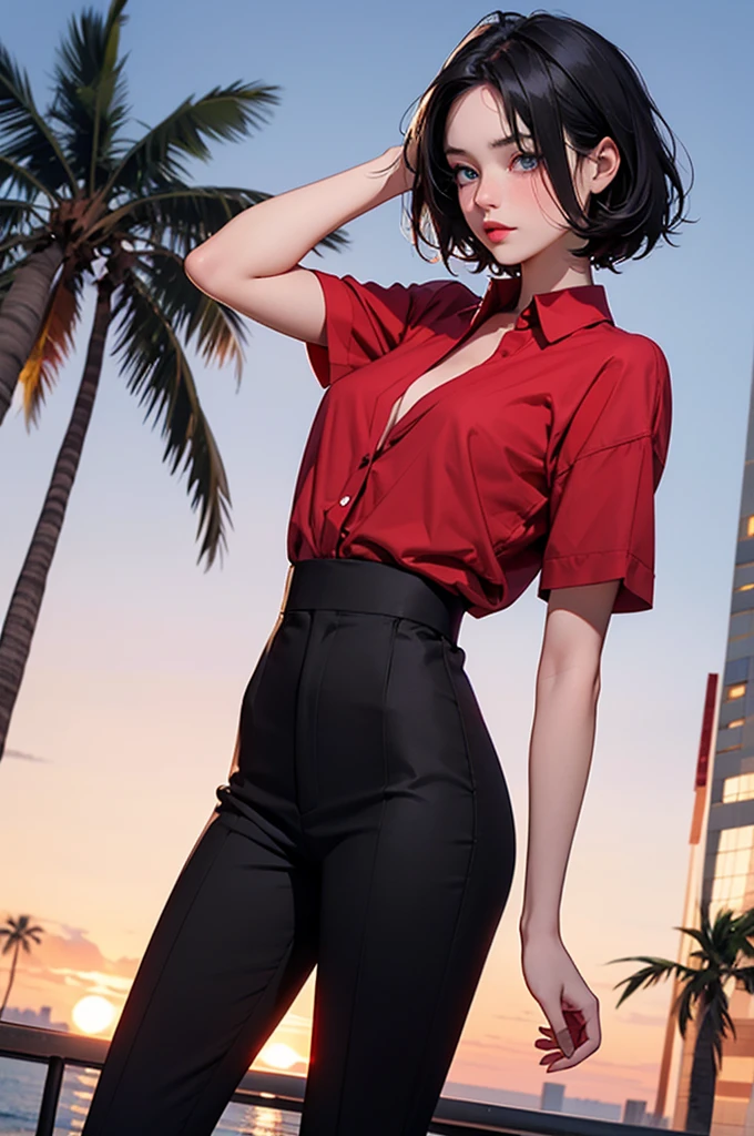 retro girl, short black hair, covering eyes, heterochromia eyes, pale skin, serious, black suit top, red dress shirt, stright dress pants, Miami, sunset, palm tree,