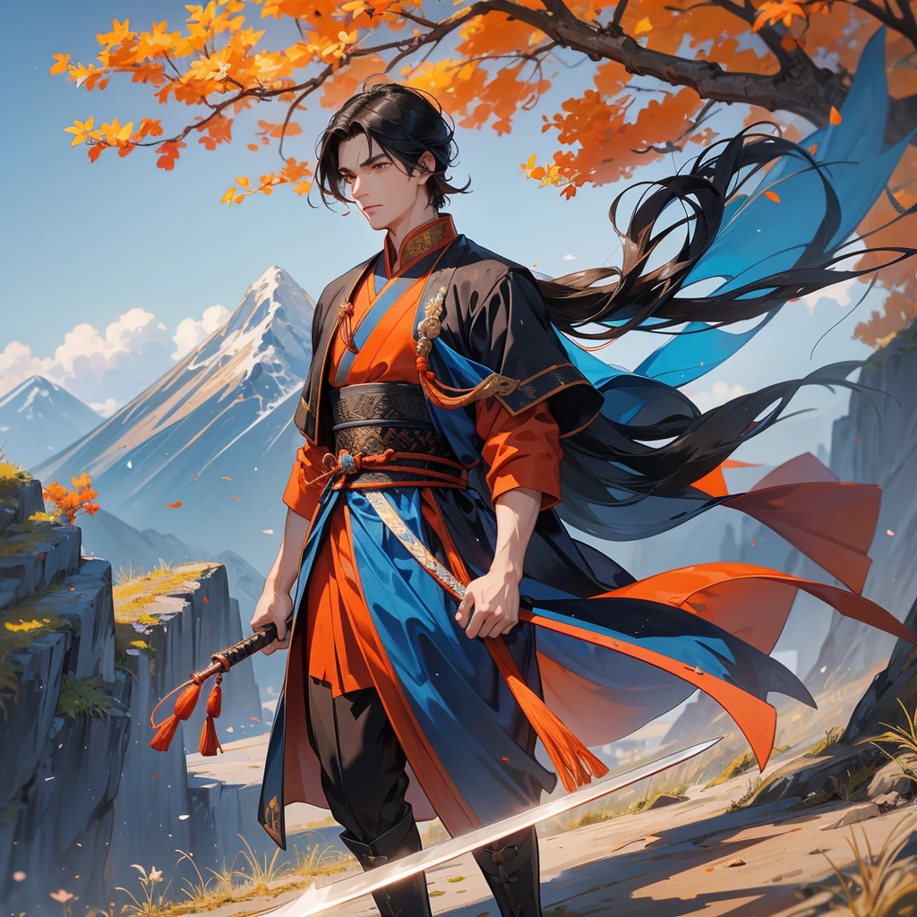 Handsome black-haired male general holding a large sword in blue ancient Chinese general costume, walking In the middle of a spring mountain ,the backdrop is a mountain that turns orange-red in spring, and maple leaves fall from the trees.