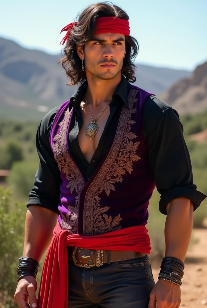 Create the image of a gypsy from the Andalusia region, with an extremely handsome appearance and an incredibly muscular physique around the age of 35. He has a strong and imposing presence, with tanned skin and striking facial features, like a defined jawline and dark, piercing eyes that exude intensity. Your hair is long, dark and slightly wavy, falling to his shoulders. He is dressed in traditional gypsy attire, with a tight shirt made of light fabric in shades of black, partially open to reveal his muscular torso. About the shirt, he wears a richly decorated purple velvet waistcoat, and a vibrant red sash tied around the waist. Dark pants and leather boots complete your look.. Include accessories such as leather bracelets, a scarf tied around the head in red and small hoop earrings. The background may suggest an Andalusian landscape, with mountains and Mediterranean vegetation in the background, highlighting its cultural roots."