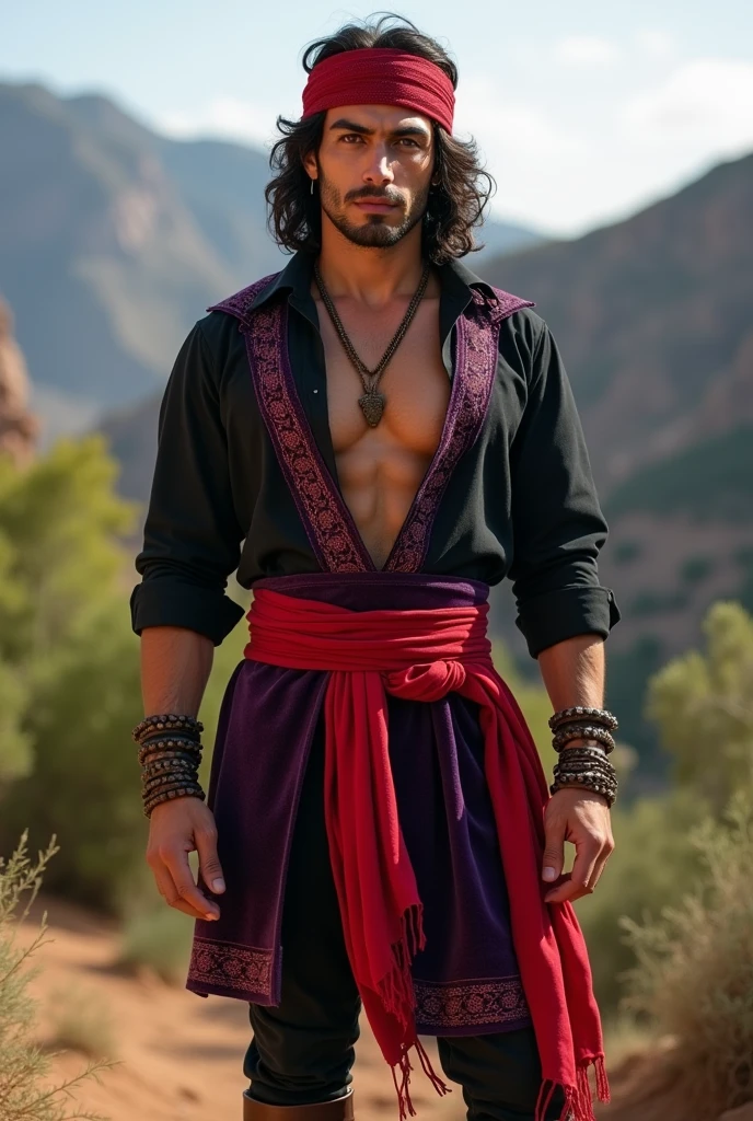 Create the image of a gypsy from the Andalusia region, with an extremely handsome appearance and an incredibly muscular physique. He has a strong and imposing presence, with tanned skin and striking facial features, like a defined jawline and dark, piercing eyes that exude intensity. Your hair is long, dark and slightly wavy, falling to his shoulders. He is dressed in traditional gypsy attire, with a tight shirt made of light fabric in shades of black, partially open to reveal his muscular torso. About the shirt, he wears a richly decorated purple velvet waistcoat, and a vibrant red sash tied around the waist. Dark pants and leather boots complete your look.. Include accessories such as leather bracelets, a scarf tied around the head in red and small hoop earrings. The background may suggest an Andalusian landscape, with mountains and Mediterranean vegetation in the background, highlighting its cultural roots."