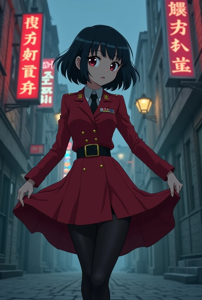 Anime, Short black hair with bangs, Narrow waist, Wearing a Soviet uniform,((Pull up your skirt)),(((open crotch black tights:1.2))),((pussy:1.2)),Shaved pussy,Moscow alley
