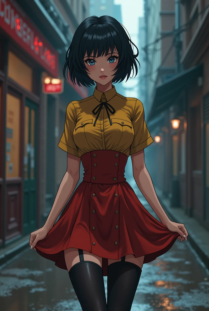 Anime, Short black hair with bangs,  Narrow waist, Wearing a Soviet uniform,((Pull up your skirt)),(((open crotch black tights:1.2))),((pussy:1.2)),Shaved pussy,Moscow alley