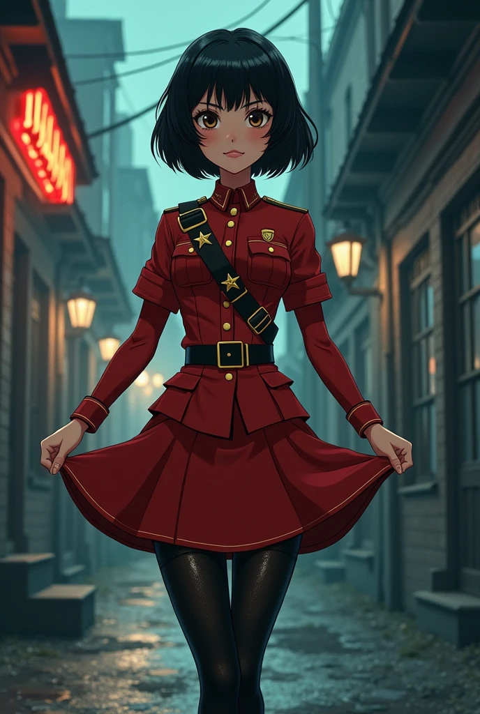 Anime, Short black hair with bangs, Narrow waist, Wearing a Soviet uniform,((Pull up your skirt)),(((open crotch black tights:1.2))),((pussy:1.2)),Shaved pussy,Moscow alley