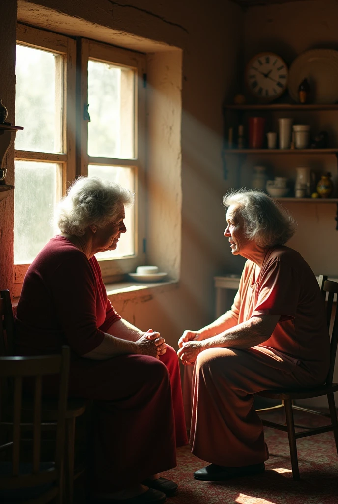 The Calm After the Cow Leaves**: After the cow leaves, the room returns to a state of quiet. The old woman sits beside her 
big daughter, her face reflecting deep contemplation and the realization of life’s fragility.
