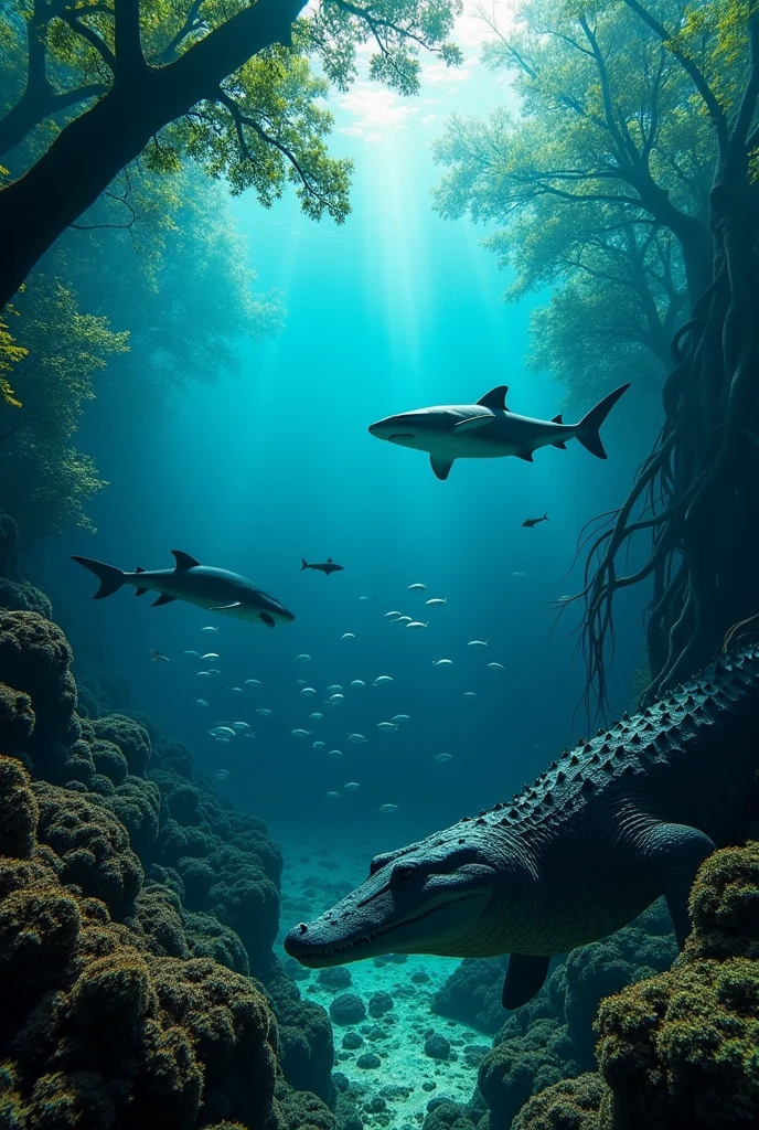 Sharks and crocodiles are looking for food