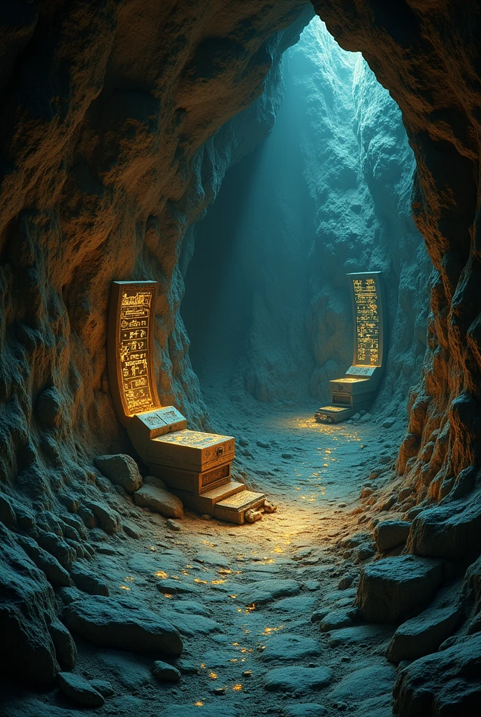 "Illustrate the cave walls being covered with glowing, ancient script or illustrations as the device reveals the hidden knowledge. The scene should reflect awe and wonder."