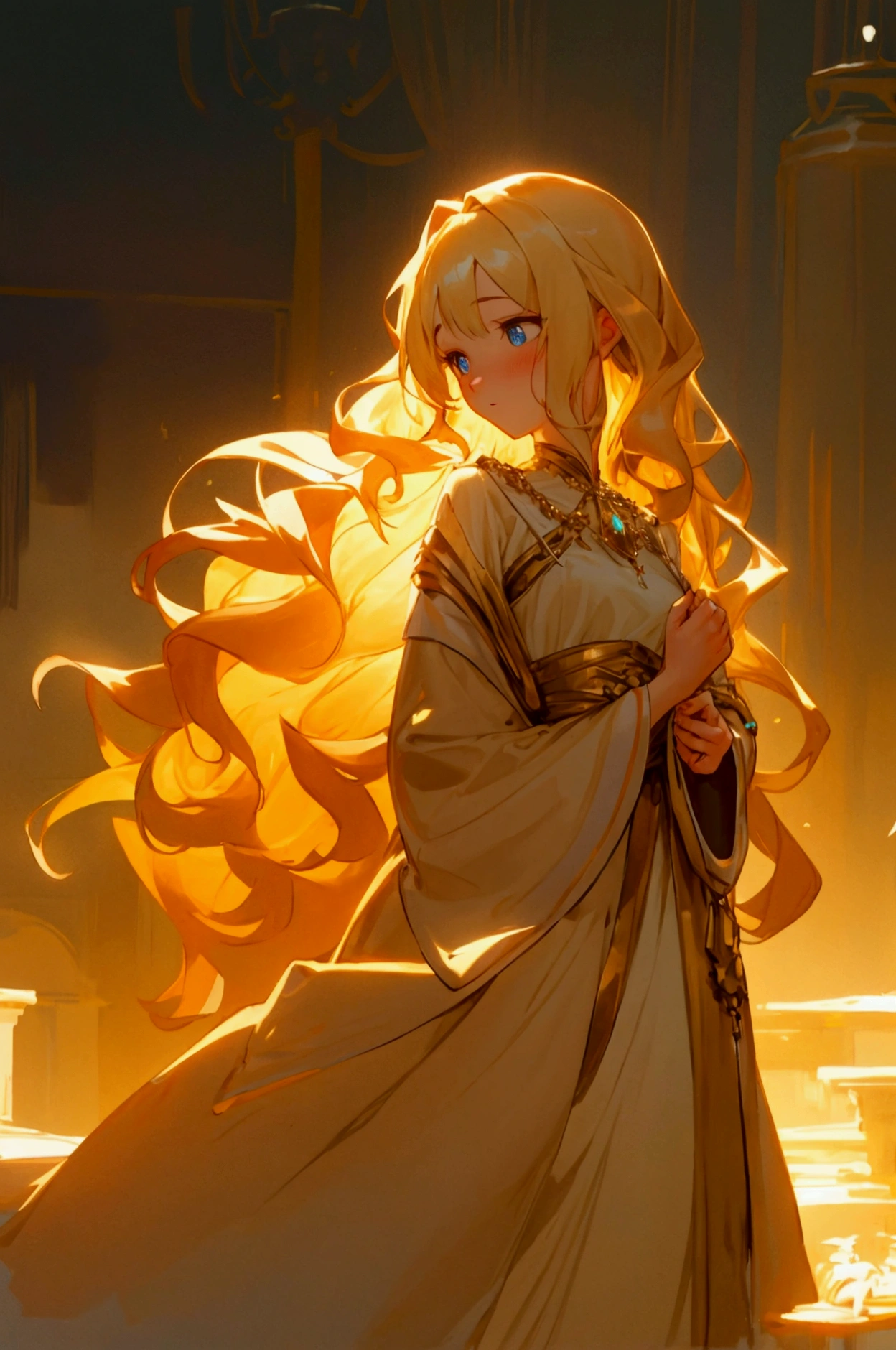 , Calm expression, Captivating eyes, Wavy Long Hair, loose fitting dress, Calm posture, Porcelain-like skin, A faint blush, Crystal Pendant BREAK Golden Hour, (Rim Light):1.2, Warm tones, Solar flare, Soft Shadows, Vibrant colors, Painterly effect, Very detailed, Official Art, unity 8k wallpaper
, Tangled, Ice Birdcage