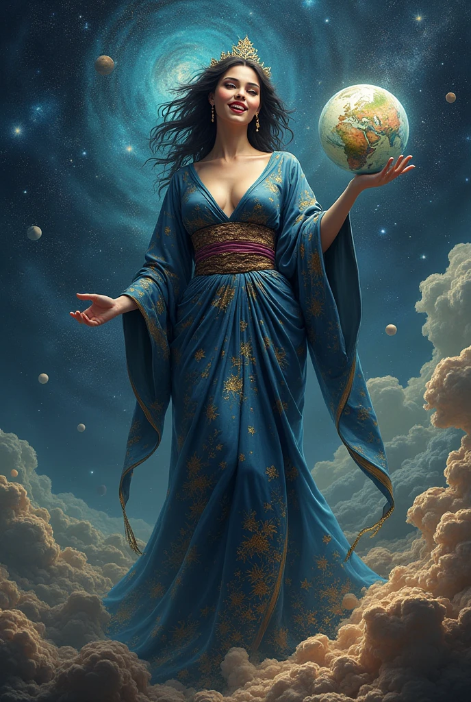 Create an 18 year old female goddess wearing a kimono on her face a disgusting smile her 3 curves are perfect the most beautiful in the multiverse under her feet are tiny planets she can crush the sun easily around is a huge universe in her hand she is holding the earth and smiling evilly 
