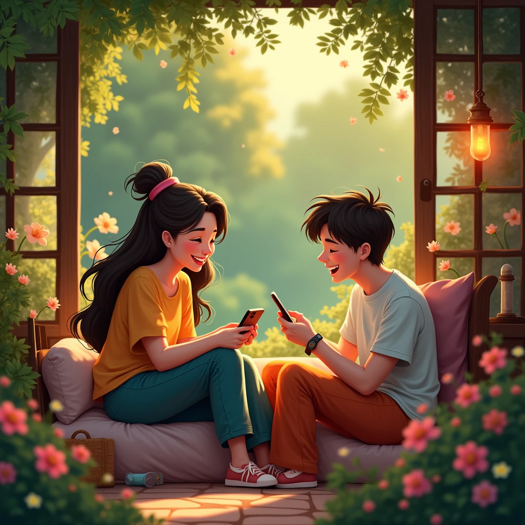 Create an image showcasing an animated couple, with the female figure in a picturesque garden and the male figure in the comfort of his intimate room, engaged in a lively chat via a generic messaging app. The depiction should have a cute, charming allure to it with the couple sharing an enjoyable conversation, each from their distinct locations.
