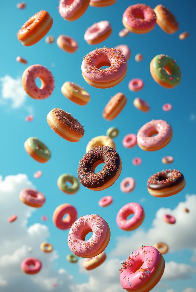 Draw lots of different donuts, very sweet, very realistic, falling to the ground like a meteor shower