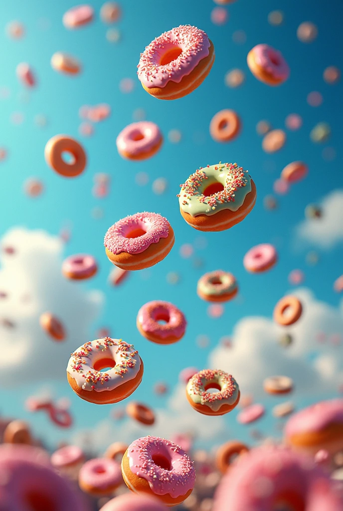Draw lots of different donuts, very sweet, very realistic, falling to the ground like a meteor shower