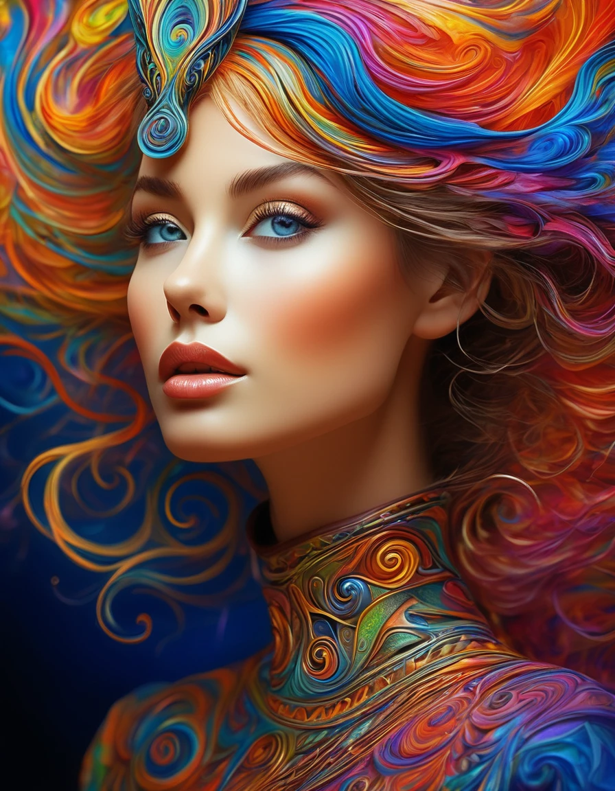 (best qualityer, ultra detali, realisitic:1.37), captivating surrealism, mesmerizing female fantasy face, swirly vibrant colors, ethereal atmosphere, details Intricate, dream composition, otherworldly elements, perfect blend of reality and imagination, mind-blowing visual experience, artistic masterpiece.