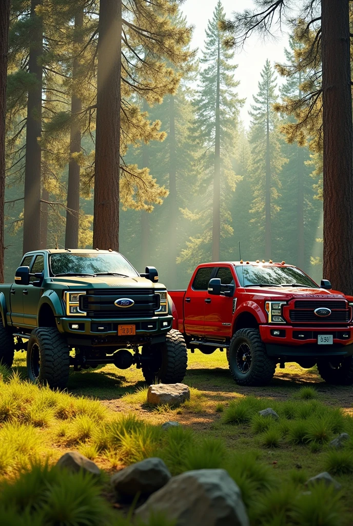 two trucks were parked in the forest