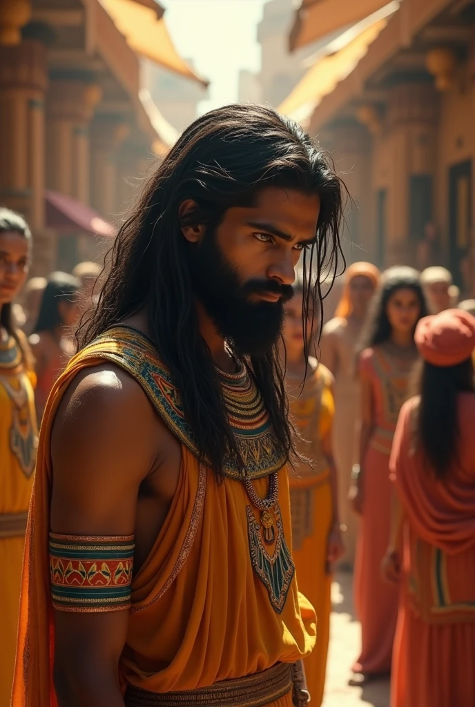 Many Egyptian women with kalasiris dress with scarf on head are looking at a handsome man young with Egyptian dress with surprised eyes because she is very impressed by his beauty .This handsome young man has his eyes down.young man have a beautiful long hair with green eyes young man has diamond face long Beard .