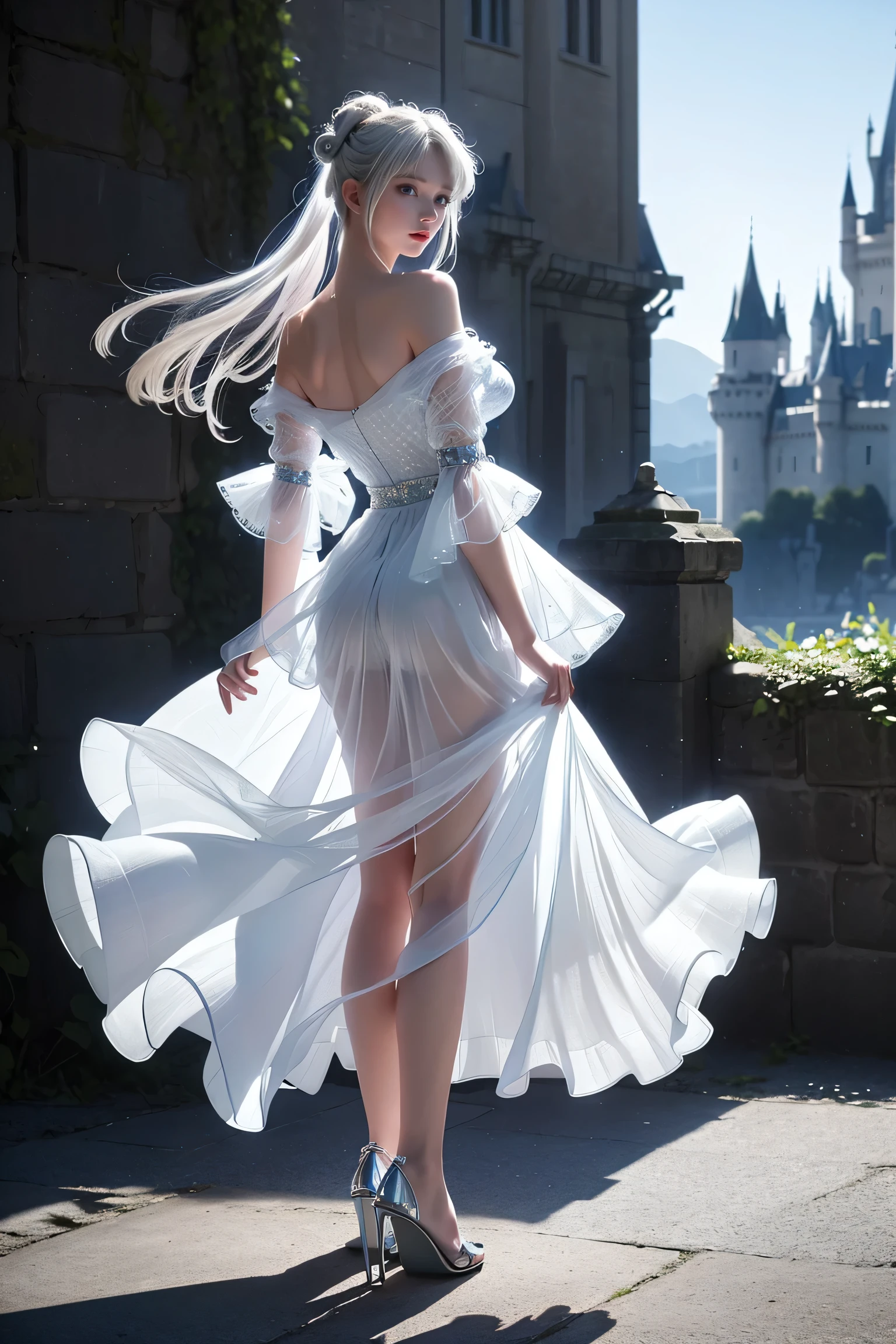 ((Girl standing in front of the castle wall))、Fluorescent color、One Girl、Look to the side、Beautiful Face、Beautiful Eyes、(Big Blue Eyes)(Rear view)、(look back)、(Silver blunt hair)、Shiny Hair、Glowing Skin、Reduce glare、Finger Proportion Adjustment、Escrow、Butt viewpoint、Dynamic Angle、((Master Parts))、((Highest quality))、(((Ultra Details)、(An illustration)、(Detailed light)、(Very delicate and beautiful)、Dramatic Shadows、Ray tracing、reflection、Ultra-high resolution、((Master Parts))、((Highest quality))、((Ultra HD))。 Ultra-high resolution、((Colorful hair and mesh))、Her hair flutters in the wind、(Big deep blue eyes)、Silvery white hair、haired woman、Sparkling Butterfly、Sparkling Butterfly、黒haired woman、Points of light around the woman、Magical Aura、Green dot、The nature of the aura、Magical Aura黒haired woman、 ((Translucent blue one-shoulder dress: 1. 3)、(No sleeve)、((The skirt flutters up in the wind))、((An old European castle stands in the distance))、(White panties are visible)(Full Body Shot),(Long legs)、(High heels),