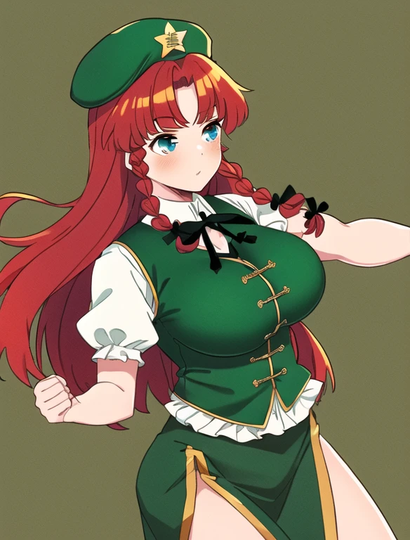 hong meiling, 1girl, solo, long haor, red hair, braids, blue eyes, big breasts, muscular body, white shirt, puffy sleeves, short sleeves, green vest, black ribbon, green skirt, gold trim, green beret, green hat, gold star, (cowboy shot)