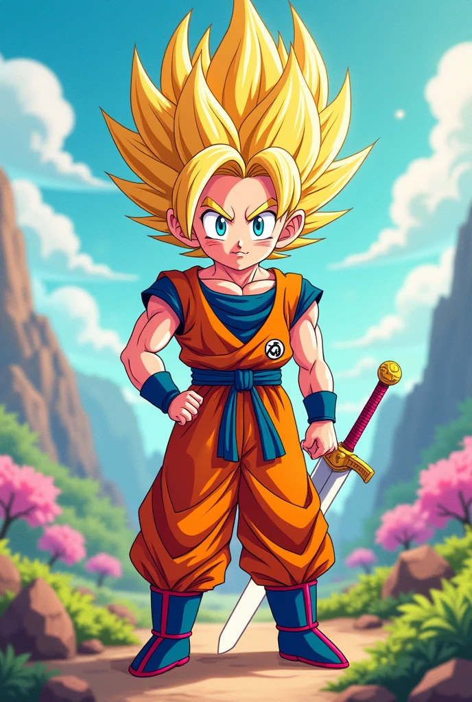 Trunks in the style of Steven Universe in 2D Super Saiyan with yellow hair and tied up