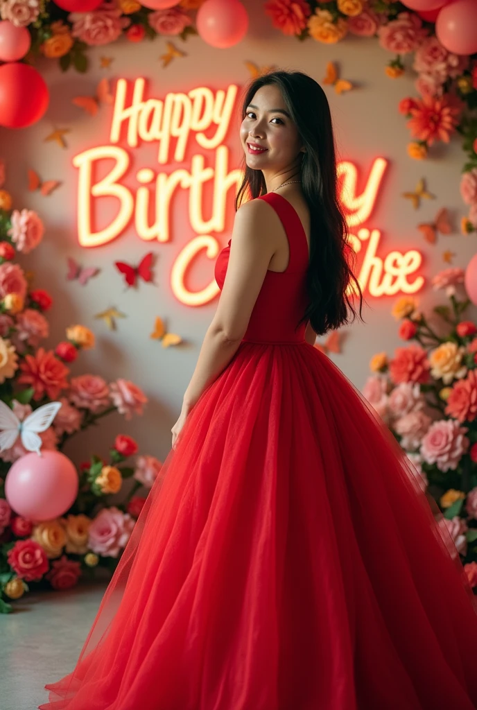 Real Pinay women beautiful semi Chubby with red Ballgown with name wall "Happy Birthday Che Che"with flowers baloons butterflies