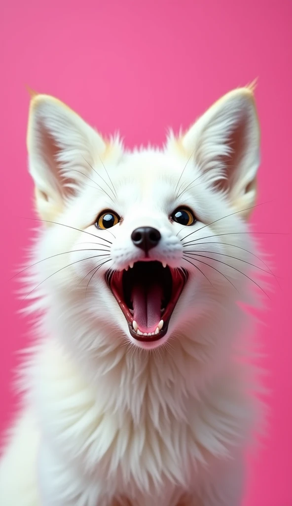 A close-up of a white fox with a surprised expression, featuring its mouth open in an 'O' shape and wide, dark eyes. The fox's soft, bushy fur is finely detailed, and its pointed ears stand upright, enhancing the sense of shock. The background is a bright pink color, providing a vivid contrast to the white fur. The overall image is vibrant, focusing entirely on the fox’s expressive face, creating a playful and captivating visual.