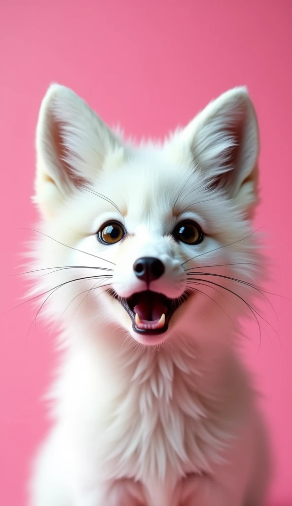 A close-up of a white fox with a surprised expression, featuring its mouth open in an 'O' shape and wide, dark eyes. The fox's soft, bushy fur is finely detailed, and its pointed ears stand upright, enhancing the sense of shock. The background is a bright pink color, providing a vivid contrast to the white fur. The overall image is vibrant, focusing entirely on the fox’s expressive face, creating a playful and captivating visual.