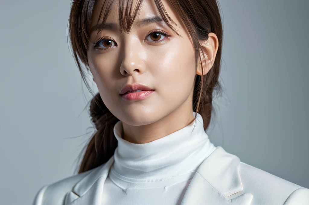 (Detailed face),vivid,White turtleneck business suit,4K,Ultra-high resolution,(Photorealistic:1.7),Gray background,Long Hair,