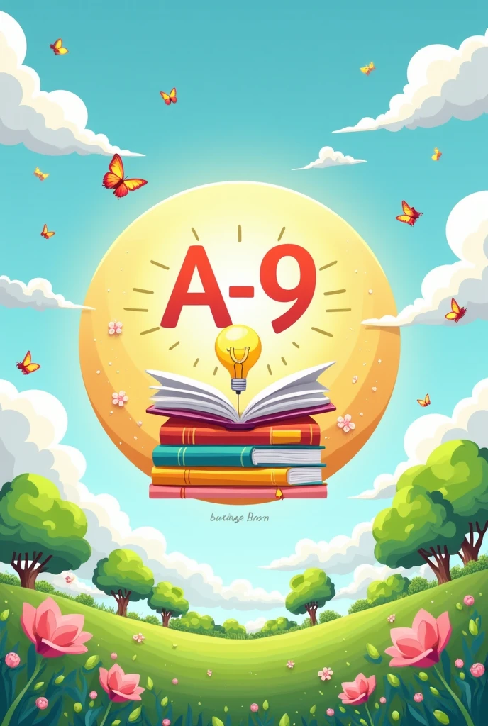 Create a cute circle with the A-9 symbol meaning learning and solidarity and a high learning spirit and natural background