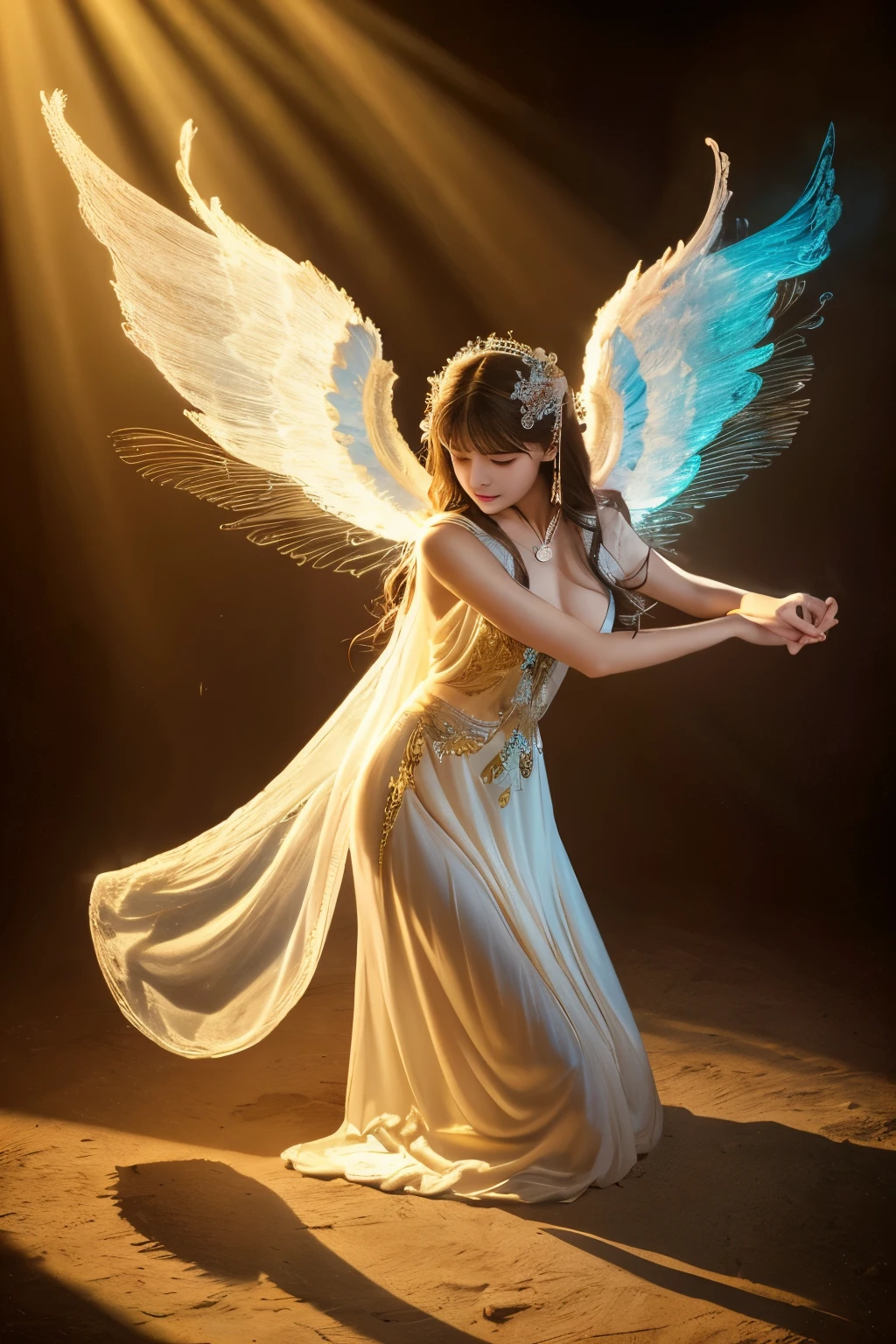 Please create an image of a mysterious and enigmatic angel. This angel should be bathed in an ethereal, radiant light that exudes an aura of celestial mystery and wonder. The angel's pose, setting, and appearance can all contribute to the sense of mystique. Push the boundaries of color, luminosity, and intricate detailing to craft an image that captivates the viewer's imagination and conveys the angel as a divine enigma. Your artistic skills are crucial in bringing this enigmatic angelic vision to life