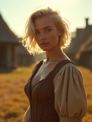 Masterpiece, a beautiful Viking woman, ((Marilyn Monroe:Michelle Pfeiffer:0.5)), (peasant bodice), (huge breasts), (perfect body), (blonde matted hair), (short hairstyle), outside, dirty,(skin texture:1.1), best quality, ultra high res, Raw photo, Nikon D850, backlight, rimlight, bright sunlight, film grain:1.2, (warm hue, warm tone:1.2), (color photo), fantasy Viking village background