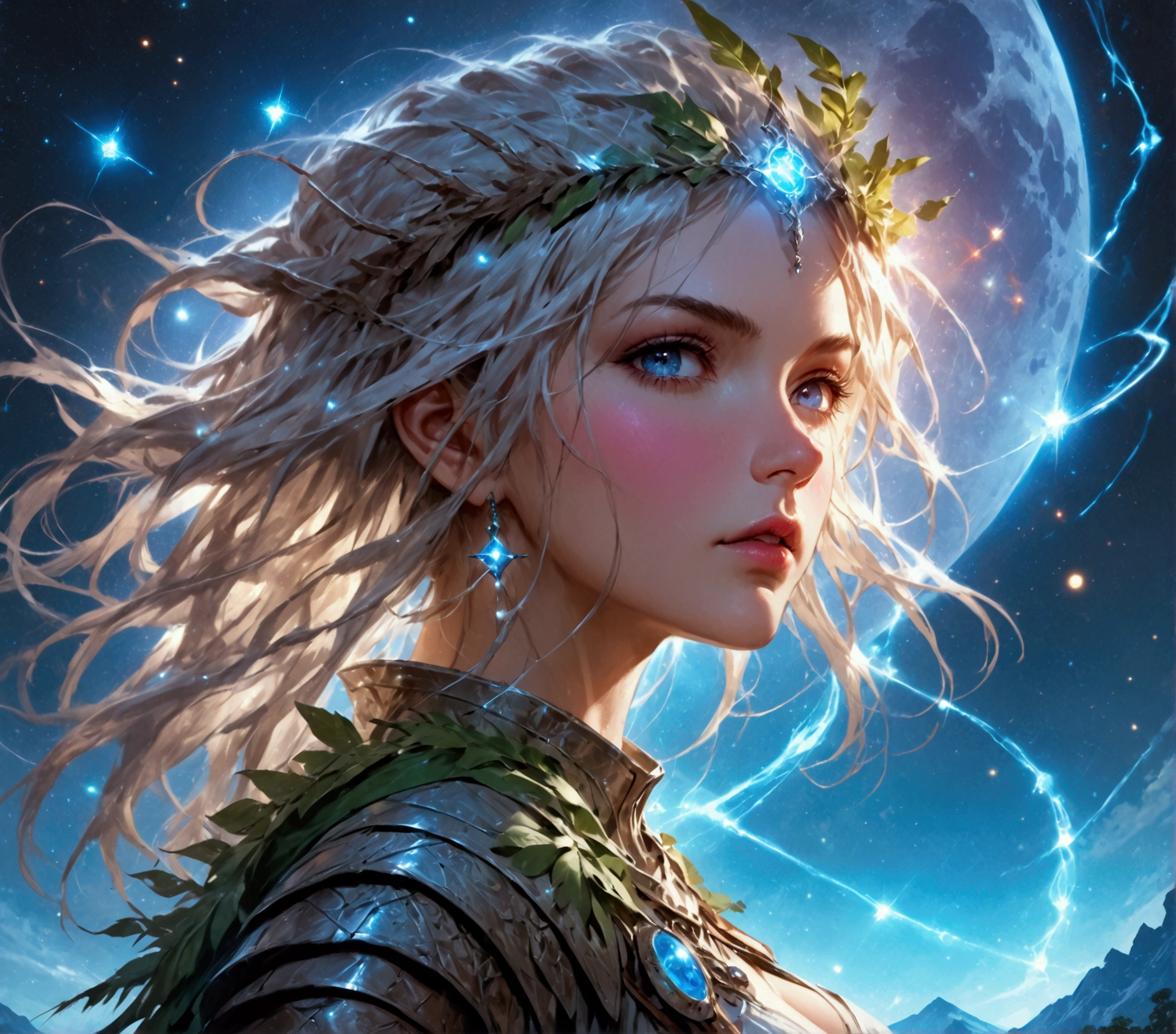 comic art , dnd art, rpg art, realistic art, female human druid of the stars, guardian of nature, controlling magical energy made of stars, swirling blue stary magical light, divine symbols, (under the sky filled with stars: 1.4, human female, busty, extremally beautiful, ultra feminine, busty, dynamic hair, dynamic hair color, wearing leather armor, holding a staff, moon light, stars,  dynamic natural background,  RPG art, magical atmosphere magic-fantasy-sky full with colorful stars, high details, best quality, 16k, [ultra detailed], masterpiece, best quality, (extremely detailed), dynamic angle, ultra wide shot, photorealistic, ((fantasy art)) ultra best realistic, best details, best quality, 16k, [ultra detailed], masterpiece, best quality, (extremely detailed), ultra wide shot, photorealism, depth of field, hyper realistic painting, rpg portrait, mad-nbla