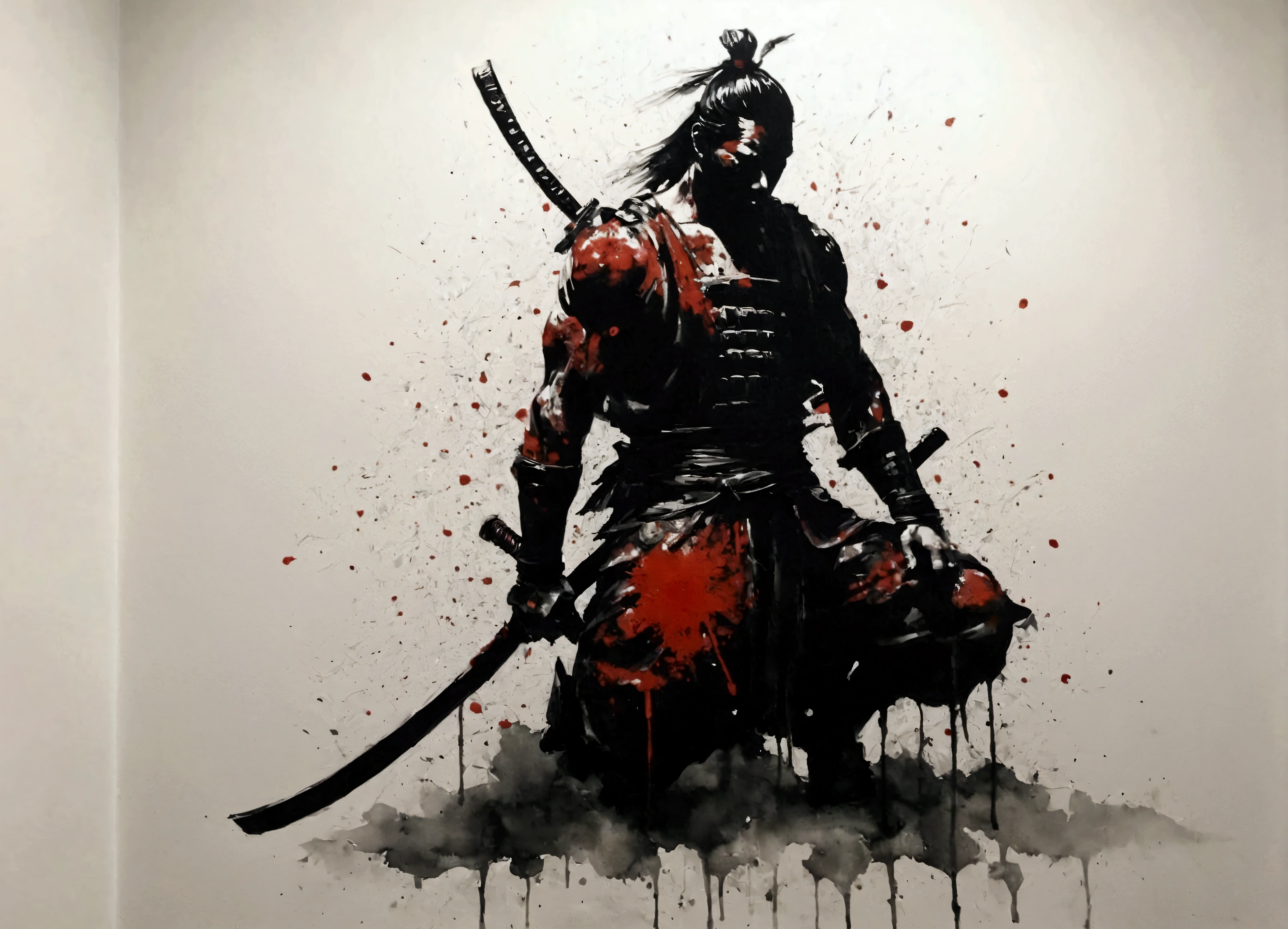 highly muscular and athletic samurai warrior, white background, kneeling, traditional  samurai sword covered in red blood , collapsed in despair and anguish, silhouette, backlit, blood splatter spray, fine art parody, upper body, ink art-style, INK, sumi-e art-style, masterpiece, black and white ink, ink droplets all over the place, ink droplets, ((masterpiece: 2)), Ink art style